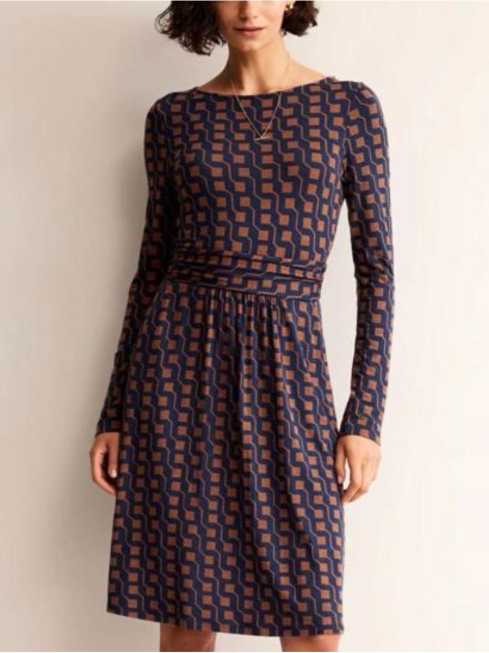 BODEN Abigail Stretch Jersey Long Sleeve Brown Navy Geo Print Dress US 10P